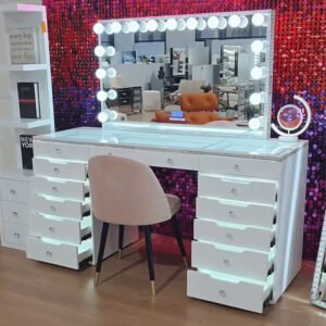Hollywood Glam White Vanity Set with LED Mirror & Multiple Drawers | Luxury Makeup Station with Pink Accent Chair for Retailers-JMJ-DT006