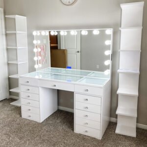 Hollywood Style White LED-Lit Vanity Set | Multi-Drawer Makeup Station with Side Shelves for Retailers-JMJ-DT002