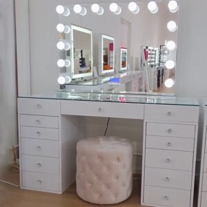 Hollywood Style White LED Vanity with Multi-Drawers | Glam Makeup Station with Pink Tufted Ottoman for Retailers-JMJ-DT007