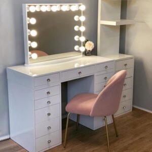 Glam White LED Vanity with Pink Accent Chair | Hollywood-Inspired Multi-Drawer Makeup Station for Retailers-JMJ-DT009