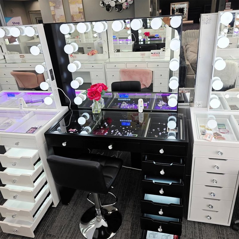 Professional White LED Vanity with Multi-Drawers & Transparent Storage | Hollywood-Style Makeup Station for Retailers-JMJ-DT010