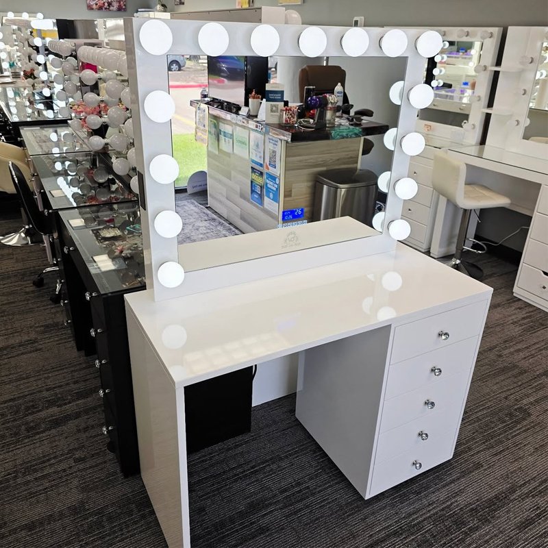 Professional White LED Vanity with Multi-Drawers & Transparent Storage | Hollywood-Style Makeup Station for Retailers-JMJ-DT010 - Image 3