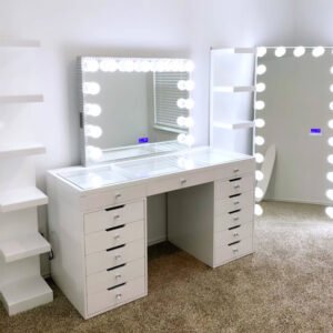 Hollywood Style White LED Vanity with Multi-Drawers & Side Towers | Professional Makeup Station for Retailers-JMJ-DT008