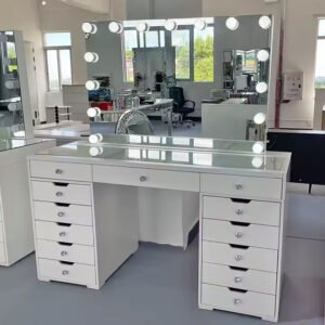 Hollywood Style White LED-Lit Vanity with Multi-Drawers | Glam Makeup Station for Retailers-JMJ-DT001