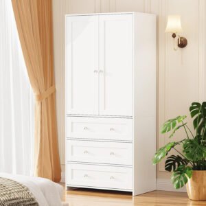 Multi-Functional White Wardrobe: Ideal for Bedrooms, With 2-Door & Drawers in Sleek Design for Tidy Storage-JMJ-W001