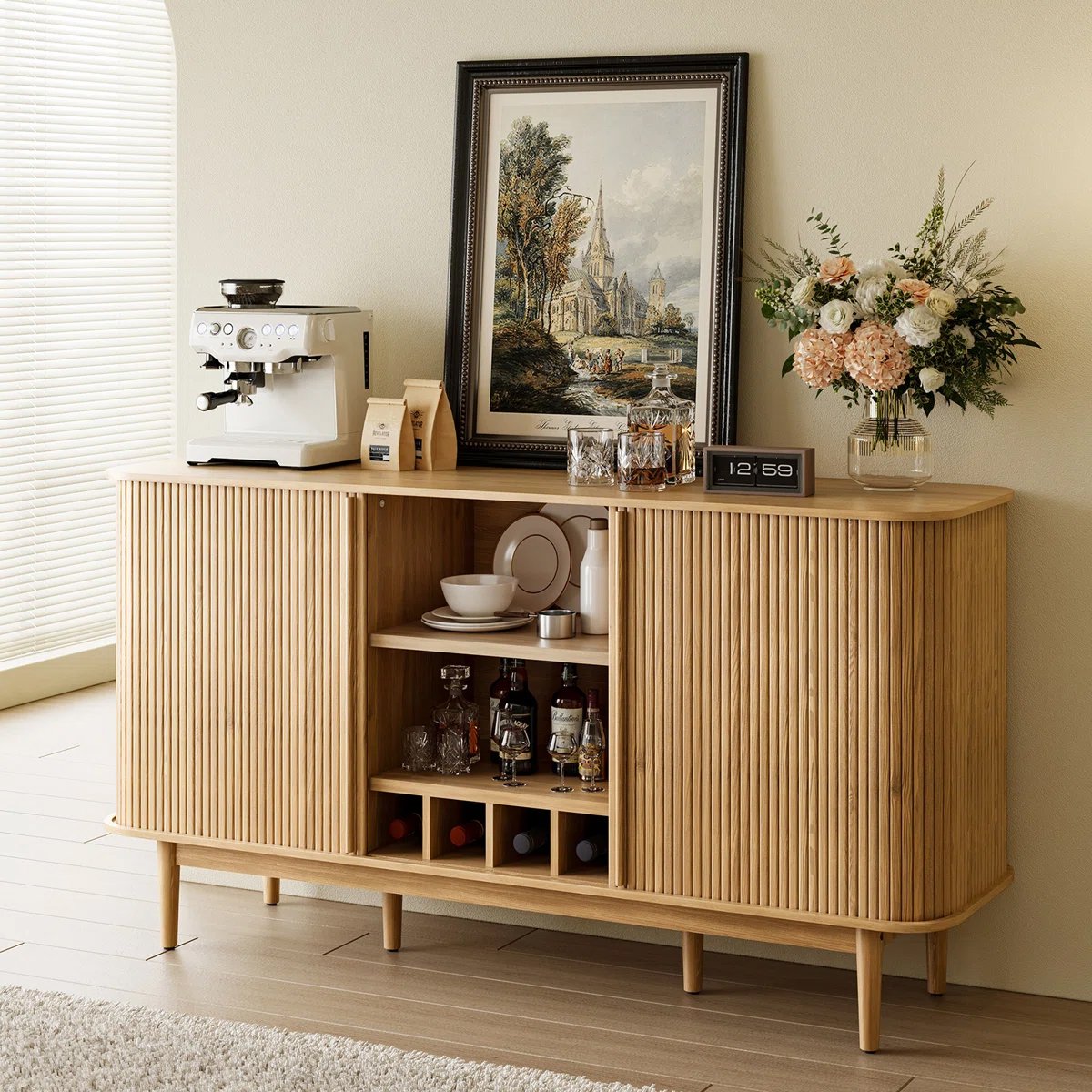 Scandinavian-style Light-wood Slatted Sideboard | A must-have Multi-storage Wine Cabinet for Retailers-WC-K0