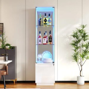 Modern White LED-Lit Narrow Wine Cabinet | Slim Glass Display Home Bar for Retailers-WC-K010