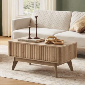 Light Wood Mid-Century Modern Coffee Table | Minimalist Living Room Centerpiece with Textured Design-JMJ-CT014
