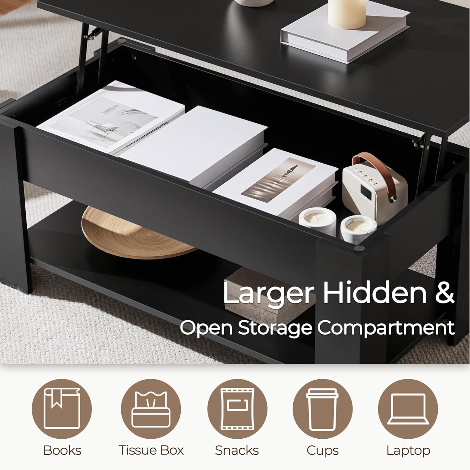 Black Lift-Top Multifunctional Coffee Table | 3-in-1 Storage, Office & Leisure Furniture for Modern Living Room-JMJ-CT001 - Image 4