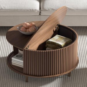 Walnut Round Storage Coffee Table | Modern Minimalist Living Room Furniture with Hidden Compartment-JMJ-CT007