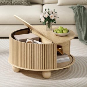 Light Wood Round Storage Coffee Table | Modern Nordic Living Room Centerpiece with Hidden Compartment-JMJ-CT008