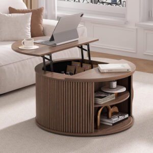Dark Wood Round Lift-Top Multifunctional Coffee Table | Modern European Style with Multi-Layer Storage for Living Room-JMJ-CT009