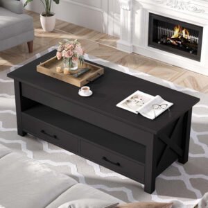 Black Farmhouse Style Storage Coffee Table | Rustic Living Room Centerpiece with Drawers for Traditional Interiors-JMJ-CT011