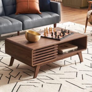 Walnut Mid-Century Modern Coffee Table | Multi-Storage Living Room Centerpiece with Slatted Design-JMJ-CT012