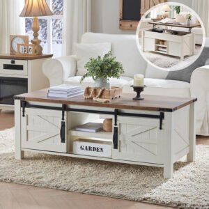 Two-Tone Farmhouse Coffee Table with Double Barn Doors | Rustic Storage Centerpiece for Country Interiors-JMJ-CT013