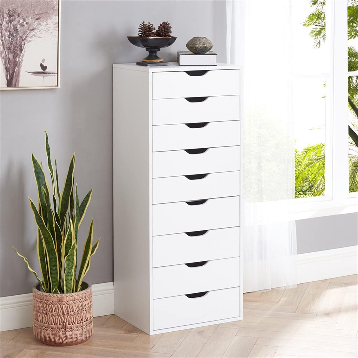 White Slim 10-Drawer Chest | Minimalist Vertical Storage Cabinet for Small Spaces-JMJ-C011