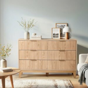Light Wood Slatted 6-Drawer Dresser | Minimalist Bedroom Storage Chest for Scandinavian Interiors-JMJ-C006