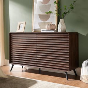 Dark Wood Slatted Front Sideboard | Modern Living Room Storage Cabinet with Metal Legs-JMJ-C004