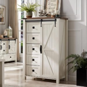 Two-Tone Farmhouse Storage Cabinet with Barn Door | Rustic Tall Chest for Bedroom & Living Room-JMJ-C007