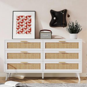 White & Rattan Mid-Century Modern Dresser | 6-Drawer Storage Chest for Bohemian & Minimalist Interiors-JMJ-C002