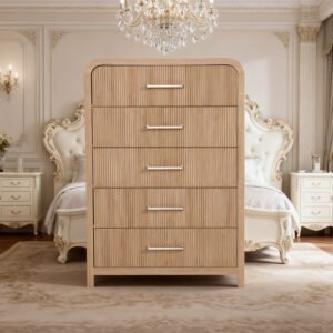 Light Wood Classic 5-Drawer Chest | European Style Bedroom Storage Dresser for Luxurious Interiors-JMJ-C010