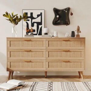 Light Wood Rattan 6-Drawer Dresser | Boho Mid-Century Modern Storage Chest for Bedroom & Living Room-JMJ-C005