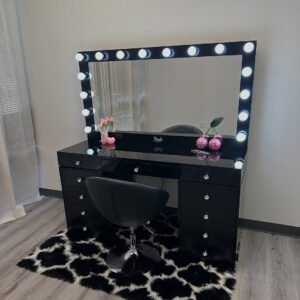 Black Hollywood Glam LED Vanity with Crystal Accents | Luxury Makeup Station with Black Chair for Retailers-JMJ-DT013