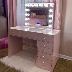 Blush Pink Hollywood-Style LED Vanity with Multi-Drawers | Sweet Glam Makeup Station for Retailers-JMJ-DT017