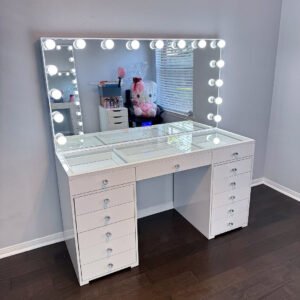 White Hollywood-Style LED Vanity with Multi-Drawers | Modern Makeup Station for Retailers-JMJ-DT015