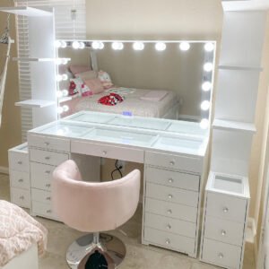 White Hollywood-Style LED Vanity with Multi-Drawers | Modern Makeup Station for Retailers-JMJ-DT016