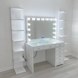 White Hollywood-Style LED Vanity with Side Storage Towers | Multi-Drawer Makeup Station for Retailers-JMJ-DT012