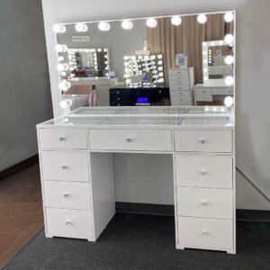 White Hollywood-Style LED Vanity with Multi-Drawers | Professional Makeup Station for Retailers-JMJ-DT021