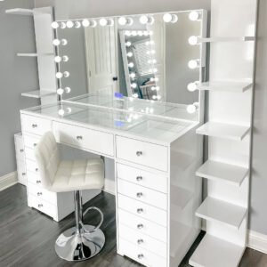 White Hollywood-Style LED Vanity with Side Storage Towers & Tufted Chair | Multi-Drawer Makeup Station for Retailers-JMJ-DT022