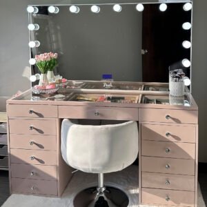 Blush Pink Hollywood-Style LED Vanity with Multi-Drawers | Luxe Makeup Station with White Ottoman for Retailers-JMJ-DT014