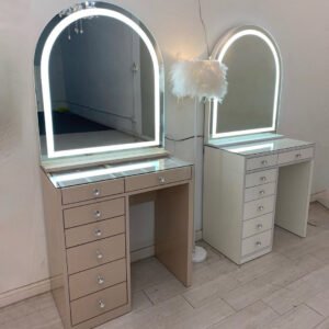 Arched LED Mirror Vanity Set in Beige & White | Multi-Drawer Makeup Stations for Retailers-JMJ-DT020