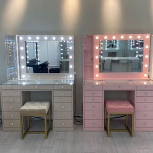 Dual-Tone Hollywood-Style LED Vanity Set | Beige & Pink Makeup Stations with Matching Stools for Retailers-JMJ-DT019