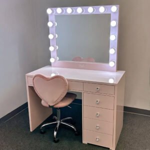 Pink Hollywood-Style LED Vanity with Heart-Shaped Chair | Sweet & Glam Makeup Station for Retailers-JMJ-DT011