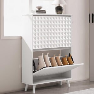 Modern Textured White Shoe Cabinet - Chic Entryway Shoe Storage Solution-JMJ-S021