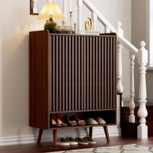 Mid-Century Walnut Slatted-Door Shoe Cabinet | Entryway Storage Essential for Home Retailers About This Product-JMJ-S020