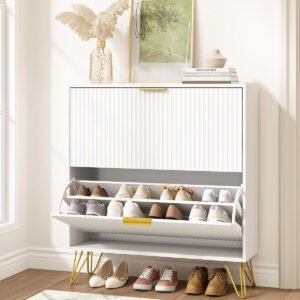 Wholesale Modern White Flip-Down Shoe Cabinet with Gold Accents | Bulk Supply for Home Retailers-JMJ-S013