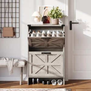 Rustic Gray Barn Door Shoe Cabinet - Multi-Level Entryway Shoe Storage Organizer-JMJ-S002