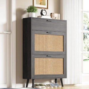 Customizable Gray Rattan-Door Shoe Cabinet | OEM/ODM Bulk Supply for Furniture Retailers-JMJ-S015