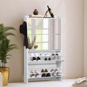 White Multi-Functional Shoe Rack with Mirror | Space-Saving Decor Essential for Home Retailers-JMJ-S017