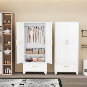 Custom Wholesale White 2-Door Wardrobe | Modern Minimalist Storage Closet with Drawer-JMJ-W002