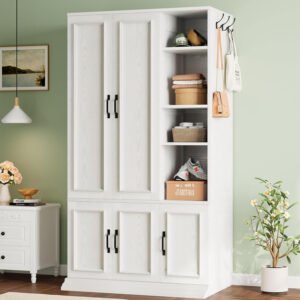 Custom Wholesale White Multi-Door Wardrobe | Nordic-Style Multi-Functional Storage Closet with Open Shelves & Hooks-JMJ-W003