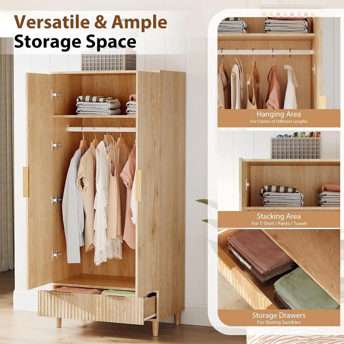 Custom Wholesale Wooden-Look Single-Door Wardrobe | Nordic Minimalist Bedroom Storage Closet with Drawer-JMJ-W004 - Image 5