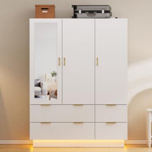 Multi-Functional Luxury Storage Wardrobe: Ideal for Modern Bedrooms, Featuring Mirror, Drawers & LED Light for Tidy Stylish Living-JMJ-W006
