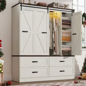 Custom Wholesale White Barn Door Wardrobe with Drawers | Multi-Functional Bedroom Closet-JMJ-W007