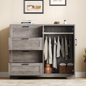 Custom Wholesale Gray Multi-Functional Wardrobe | Modern Bedroom Storage Closet with Drawers & Hanging Area-JMJ-W008