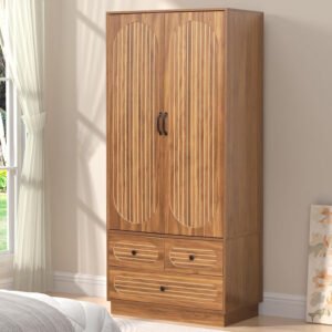 Custom Wholesale Wooden 2-Door Wardrobe with Drawers | Retro-Style Bedroom Storage Closet-JMJ-W010
